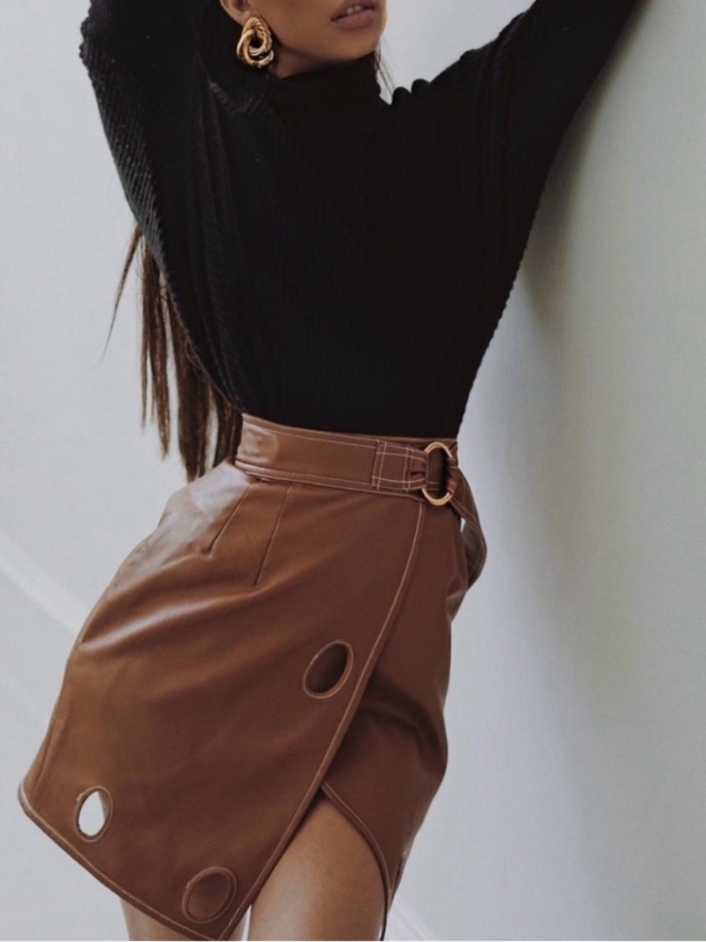 🆕 SELF-PORTRAIT Brown Faux Leather Wrap Mini Skirt with Ring Detail